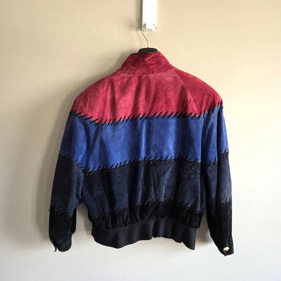Vintage Dino'z black, red and blue color block suede bomber style jacket . - Picture 2 of 9